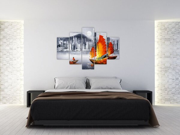 Slika - Victoria Harbor, Hong Kong, črno-bela oljna slika (150x105 cm)