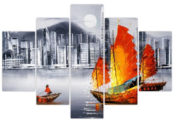 Slika - Victoria Harbor, Hong Kong, črno-bela oljna slika (150x105 cm)