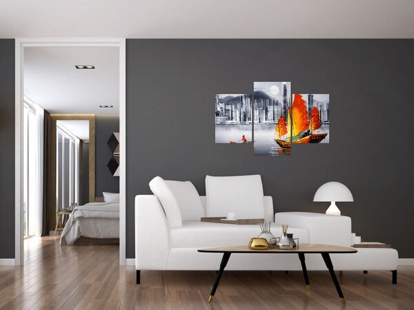 Slika - Victoria Harbor, Hong Kong, črno-bela oljna slika (90x60 cm)