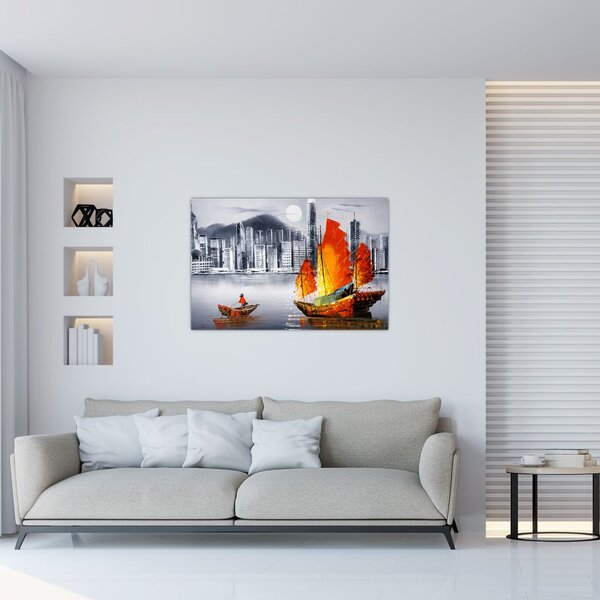 Slika - Victoria Harbor, Hong Kong, črno-bela oljna slika (90x60 cm)