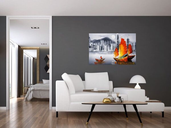 Slika - Victoria Harbor, Hong Kong, črno-bela oljna slika (90x60 cm)