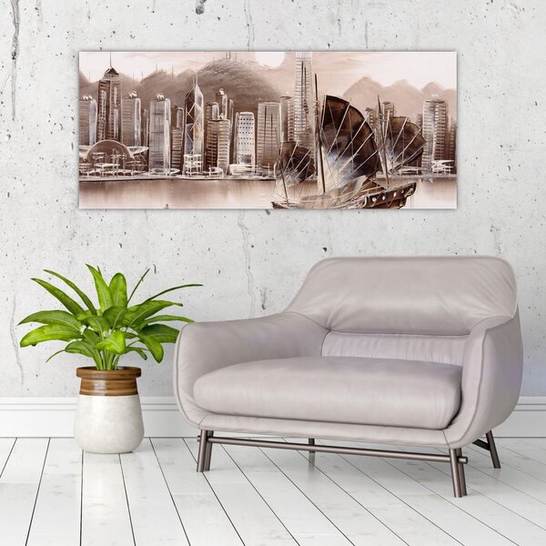 Slika - Victoria Harbour, Hong Kong, učinek sepije (120x50 cm)