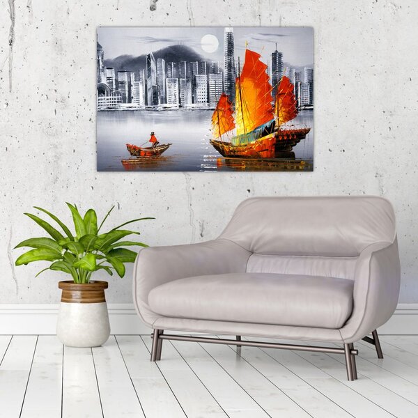 Slika - Victoria Harbor, Hong Kong, črno-bela oljna slika (90x60 cm)