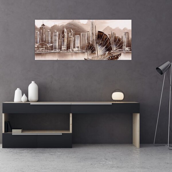 Slika - Victoria Harbour, Hong Kong, učinek sepije (120x50 cm)