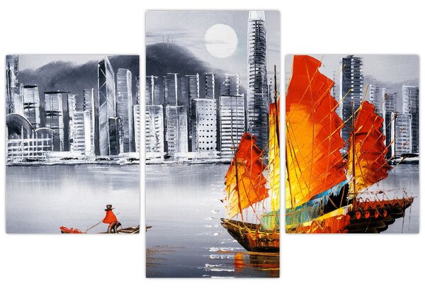 Slika - Victoria Harbor, Hong Kong, črno-bela oljna slika (90x60 cm)