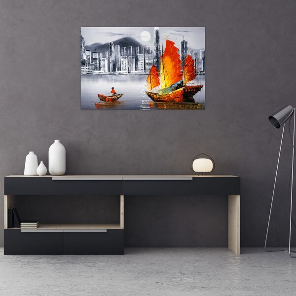 Slika - Victoria Harbor, Hong Kong, črno-bela oljna slika (90x60 cm)