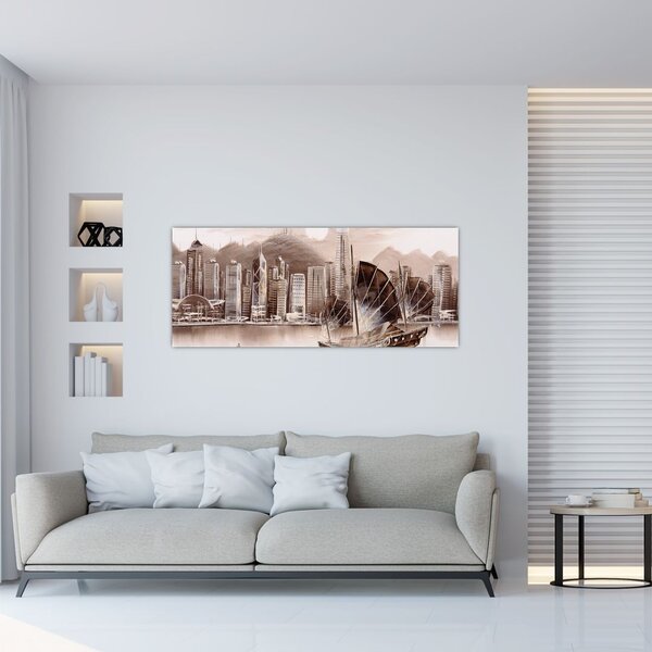 Slika - Victoria Harbour, Hong Kong, učinek sepije (120x50 cm)