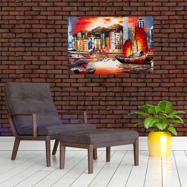 Slika - Victoria Harbour, Hong Kong, oljna slika (90x60 cm)