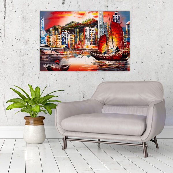 Slika - Victoria Harbour, Hong Kong, oljna slika (90x60 cm)
