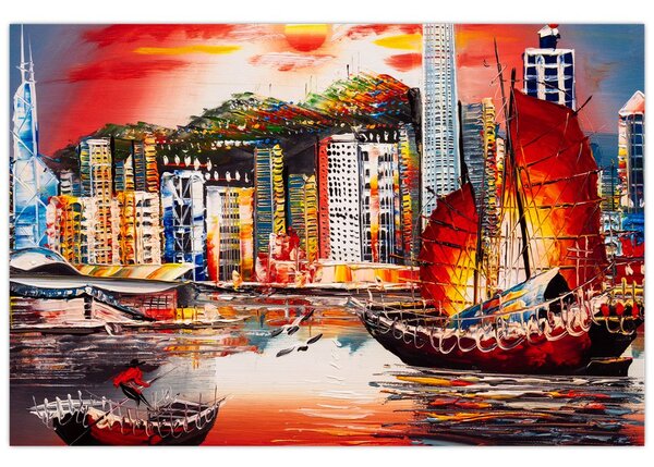 Slika - Victoria Harbour, Hong Kong, oljna slika (90x60 cm)
