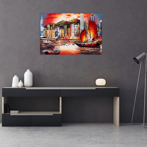 Slika - Victoria Harbour, Hong Kong, oljna slika (90x60 cm)