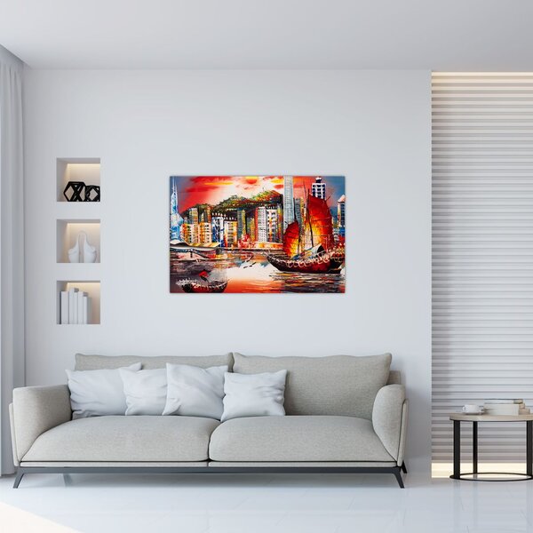 Slika - Victoria Harbour, Hong Kong, oljna slika (90x60 cm)