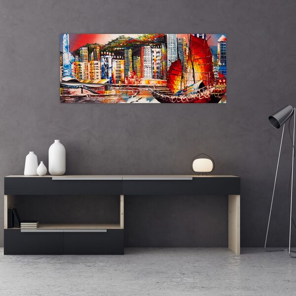 Slika - Victoria Harbour, Hong Kong, oljna slika (120x50 cm)