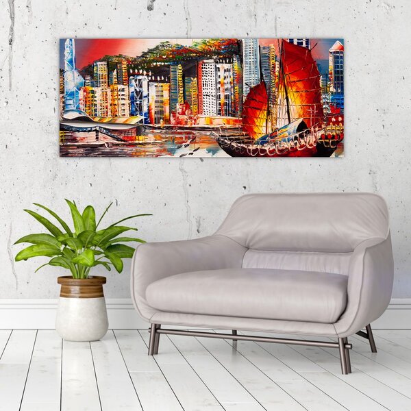 Slika - Victoria Harbour, Hong Kong, oljna slika (120x50 cm)