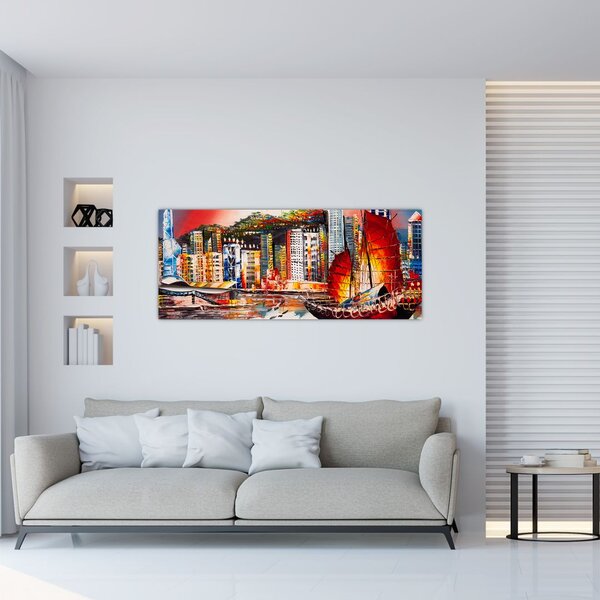 Slika - Victoria Harbour, Hong Kong, oljna slika (120x50 cm)