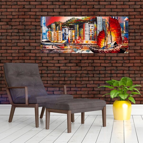 Slika - Victoria Harbour, Hong Kong, oljna slika (120x50 cm)