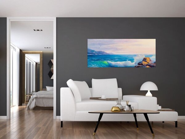 Slika valov, ki udarjajo v pečine, oljna slika (120x50 cm)