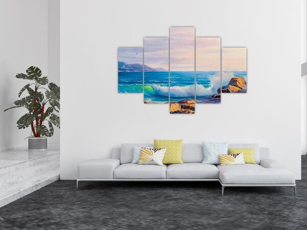 Slika valov, ki udarjajo v pečine, oljna slika (150x105 cm)