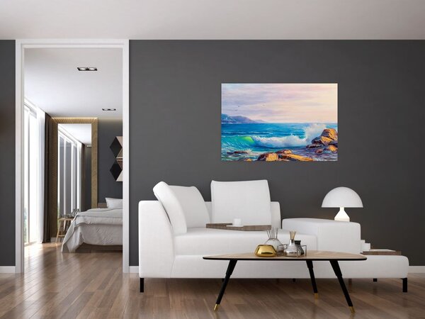 Slika valov, ki udarjajo v pečine, oljna slika (90x60 cm)