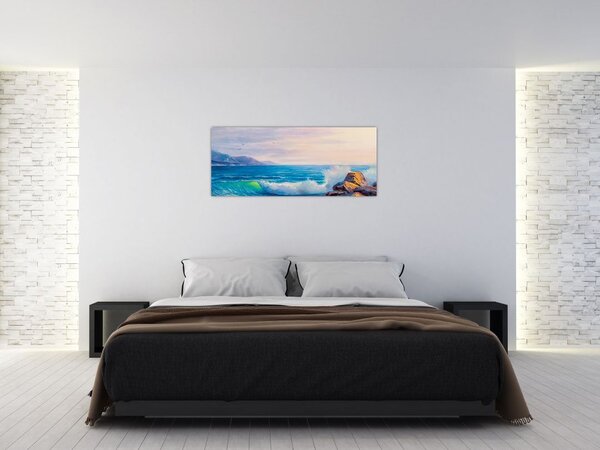 Slika valov, ki udarjajo v pečine, oljna slika (120x50 cm)