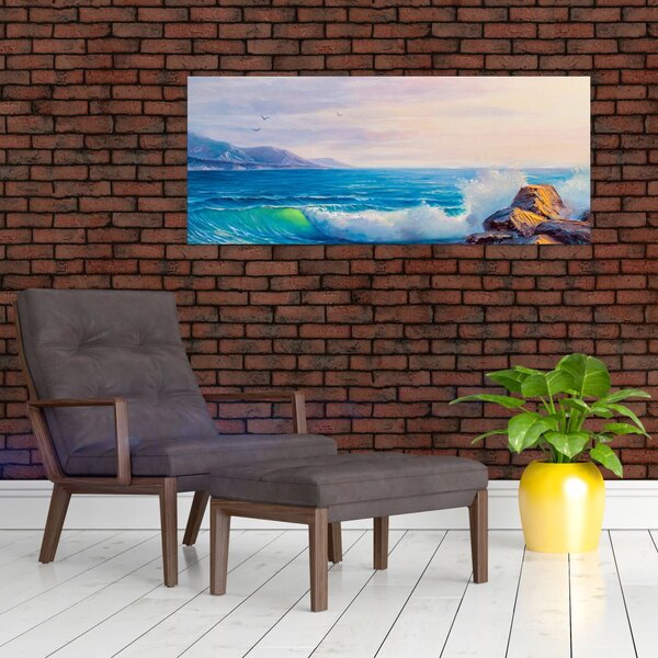 Slika valov, ki udarjajo v pečine, oljna slika (120x50 cm)