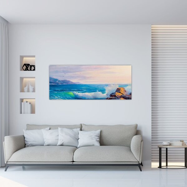Slika valov, ki udarjajo v pečine, oljna slika (120x50 cm)