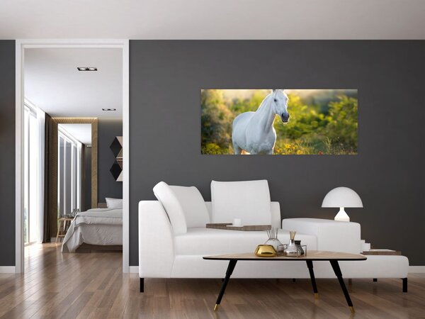 Slika belega konja na travniku (120x50 cm)