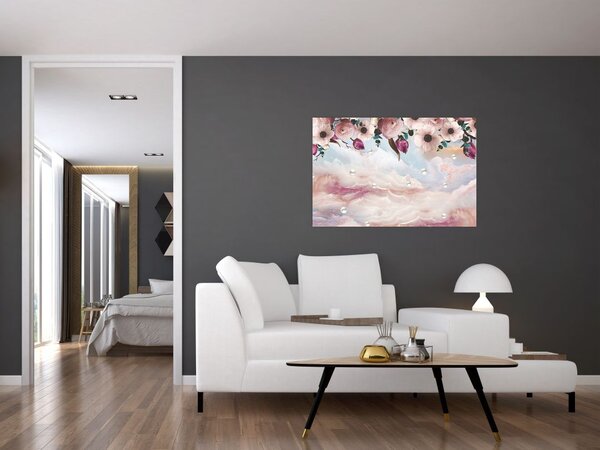 Slika rožnatih cvetov z rožnatim marmorjem (90x60 cm)