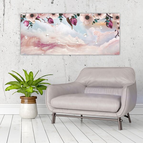 Slika rožnatih cvetov z rožnatim marmorjem (120x50 cm)