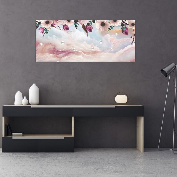 Slika rožnatih cvetov z rožnatim marmorjem (120x50 cm)