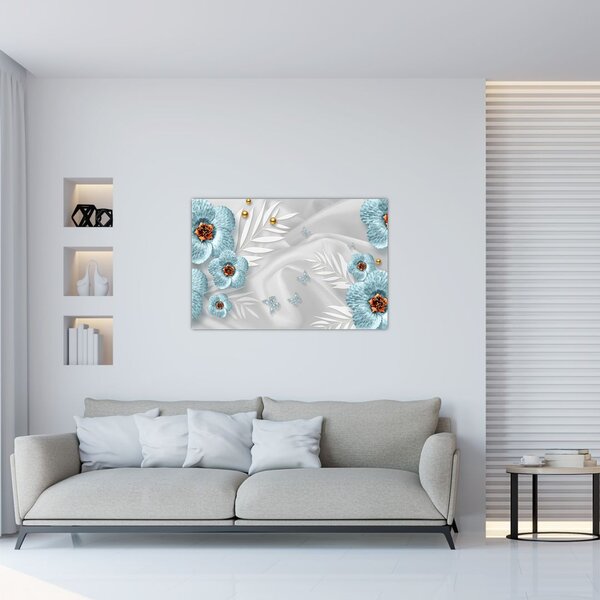 Slika - 3D modre rože (90x60 cm)
