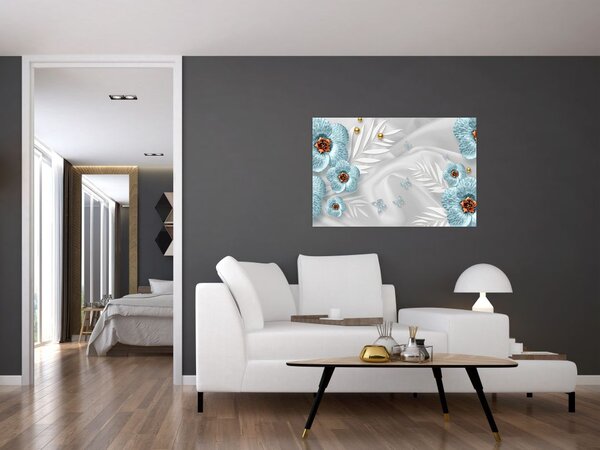 Slika - 3D modre rože (90x60 cm)