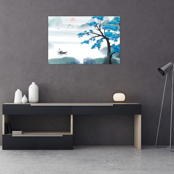 Slika - Naslikano jezero s čolnom (90x60 cm)