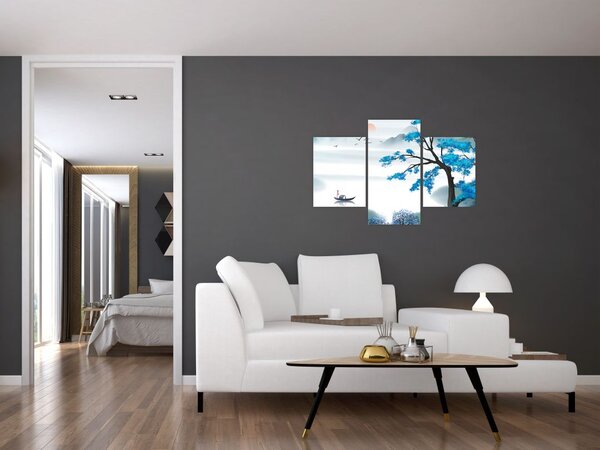 Slika - Naslikano jezero s čolnom (90x60 cm)