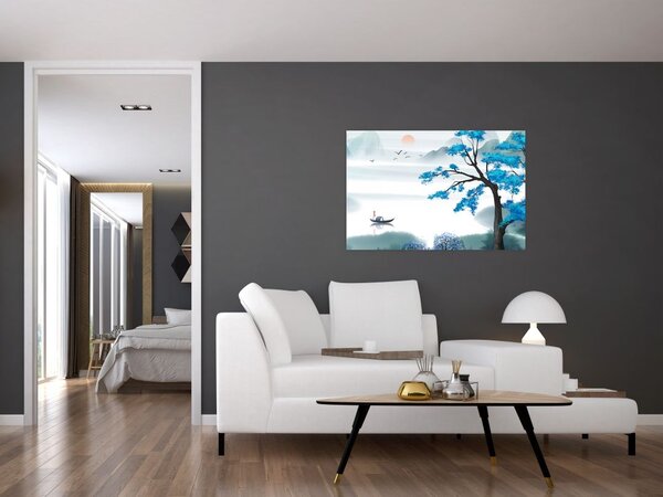 Slika - Naslikano jezero s čolnom (90x60 cm)
