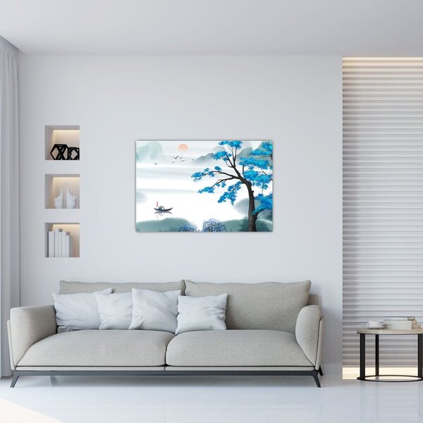Slika - Naslikano jezero s čolnom (90x60 cm)