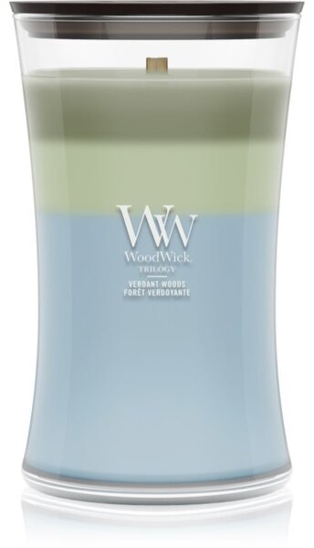 Woodwick Trilogy Verdant Woods mirisna svijeća s drvenim fitiljem 610 g