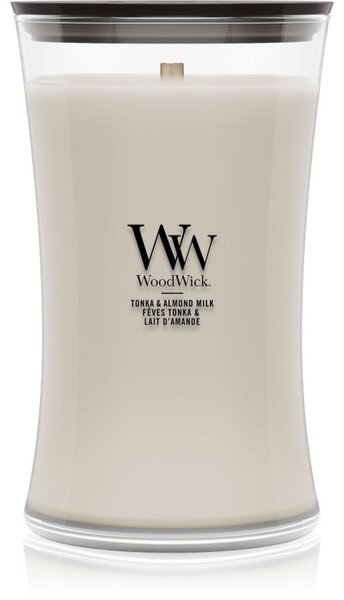Woodwick Tonka & Almond Milk mirisna svijeća s drvenim fitiljem 610 g