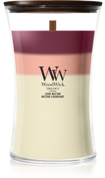 Woodwick Trilogy Lush Nectar mirisna svijeća s drvenim fitiljem 610 g