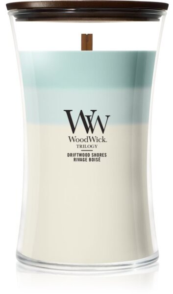 Woodwick Trilogy Driftwood Shores mirisna svijeća s drvenim fitiljem 610 g