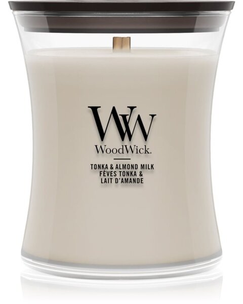 Woodwick Tonka & Almond Milk mirisna svijeća s drvenim fitiljem 275 g