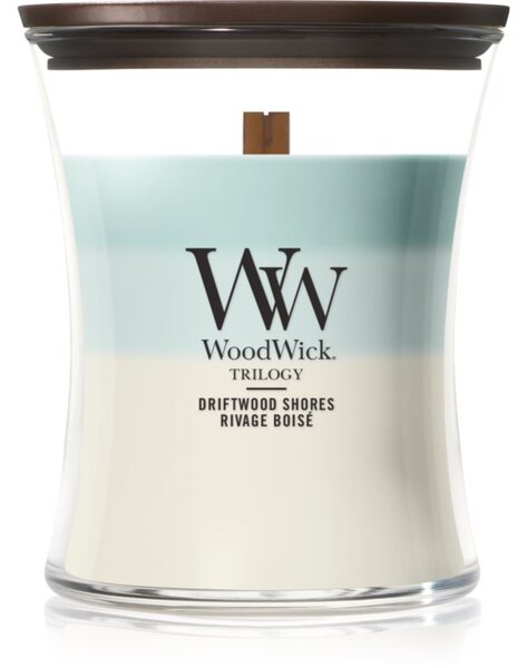 Woodwick Trilogy Driftwood Shores mirisna svijeća s drvenim fitiljem 275 g