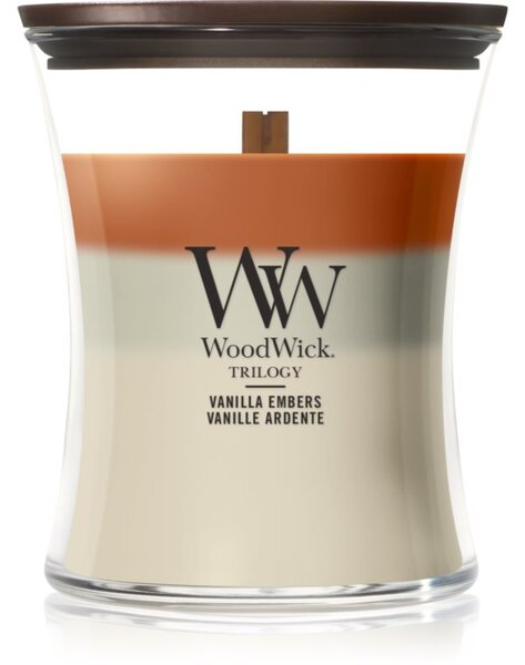 Woodwick Trilogy Vanilla Embers mirisna svijeća s drvenim fitiljem 275 g