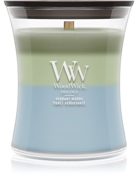 Woodwick Trilogy Verdant Woods mirisna svijeća s drvenim fitiljem 275 g