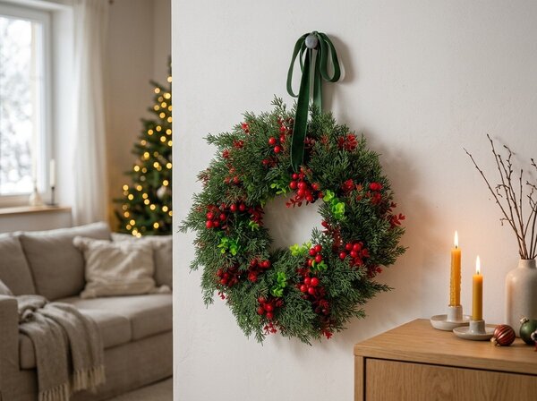 Adventni vijenac za vrata RED BERRIES Ø 35 cm, zeleni/crveni