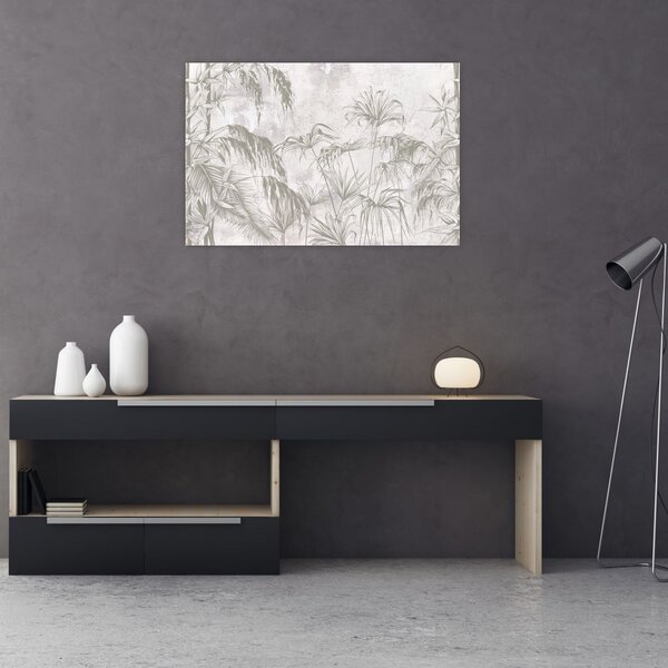Slika - Tropske rastline na steni v sivi barvi (90x60 cm)