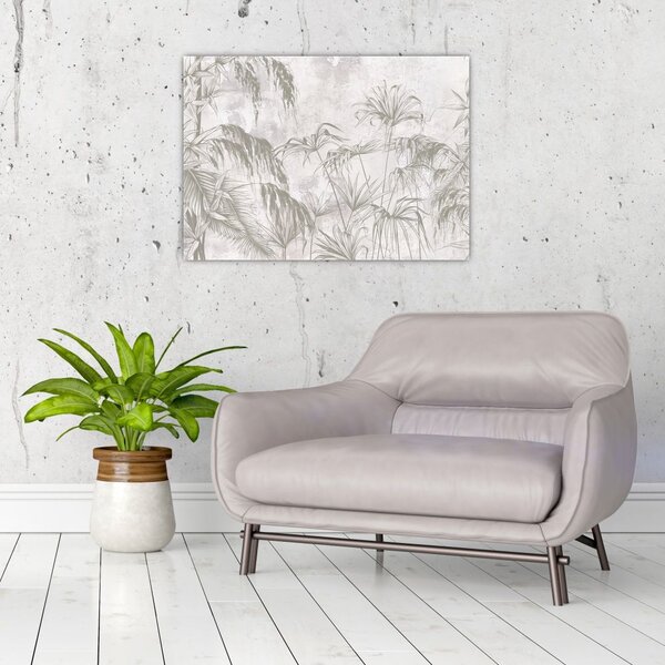 Slika - Tropske rastline na steni v sivi barvi (70x50 cm)
