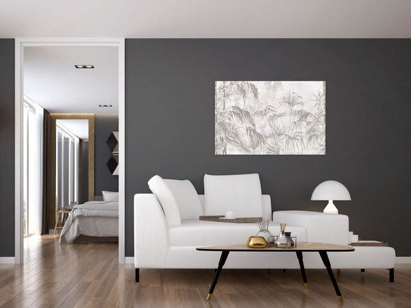 Slika - Tropske rastline na steni v sivi barvi (90x60 cm)