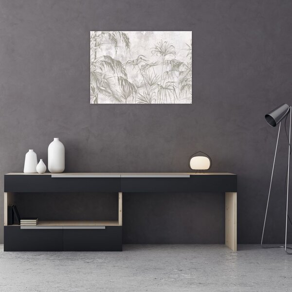 Slika - Tropske rastline na steni v sivi barvi (70x50 cm)