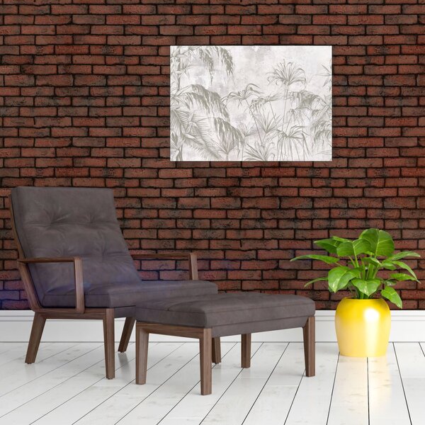 Slika - Tropske rastline na steni v sivi barvi (70x50 cm)
